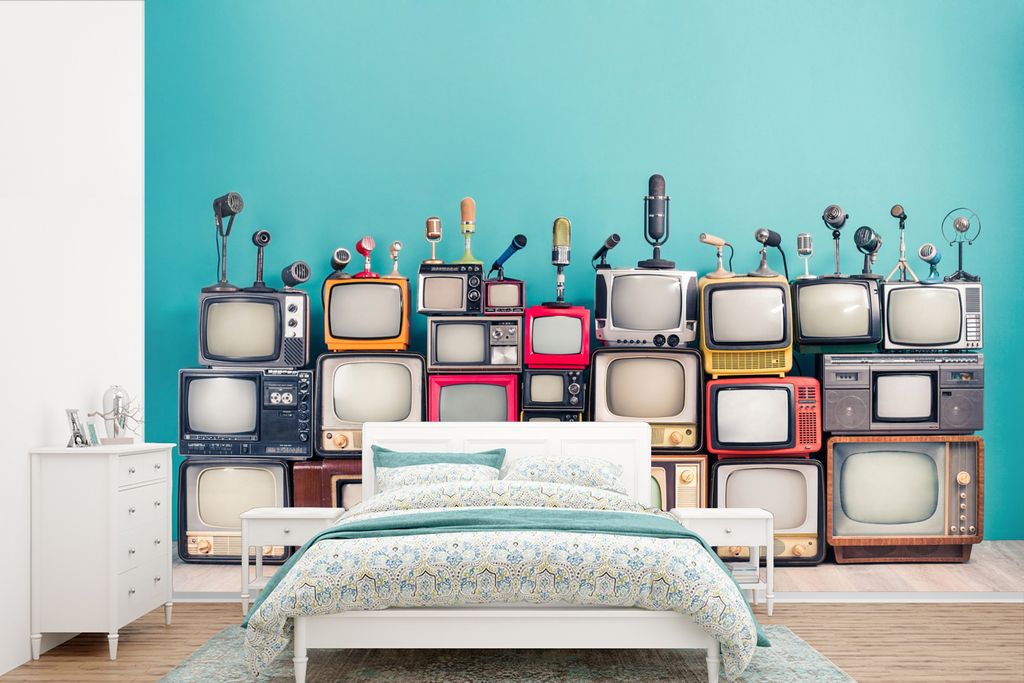 MuchoWow Fototapete für Wohnzimmer oder Schlafzimmer Wandtapete Vinyl Motivtapete Fernsehen - Mikrofon - Vintage - 390x260 cm - Papiertapete