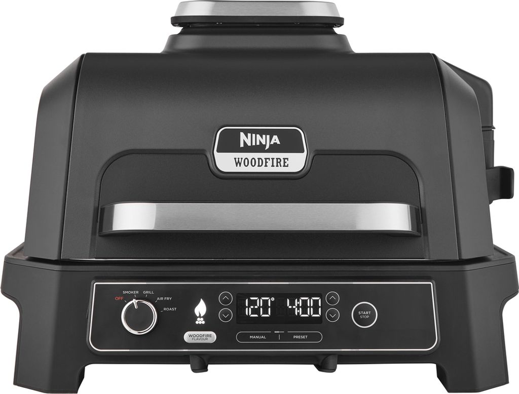 A black Ninja Woodfire Pro XL electric grill is shown from the front on a white background.