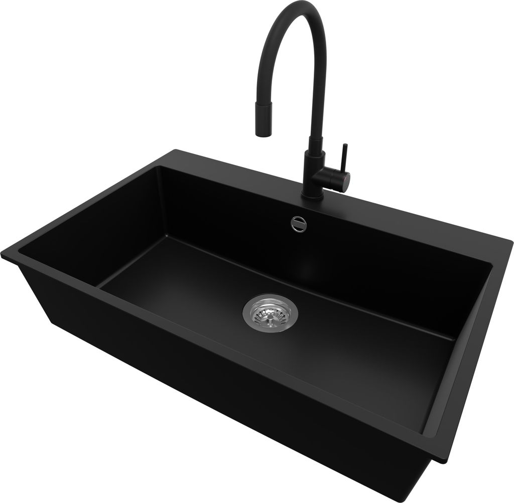 PRIMAGRAN Granitspüle Schwarz 78x50cm, Spülbecken 1 Becken + Küchenarmatur 40x38cm + Ablauf-Set, Küchenspüle ab 80er Unterschrank - Riga