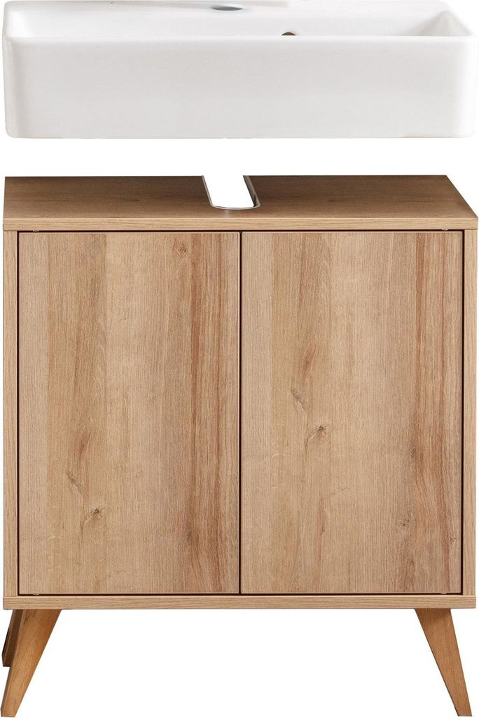 FACKELMANN FINN Badmöbel Set 3 Teile / Waschbecken / Waschbeckenunterschrank / 4 Holzfüße / Badschrank mit Push-to-Open / Korpus & Front: Braun ...