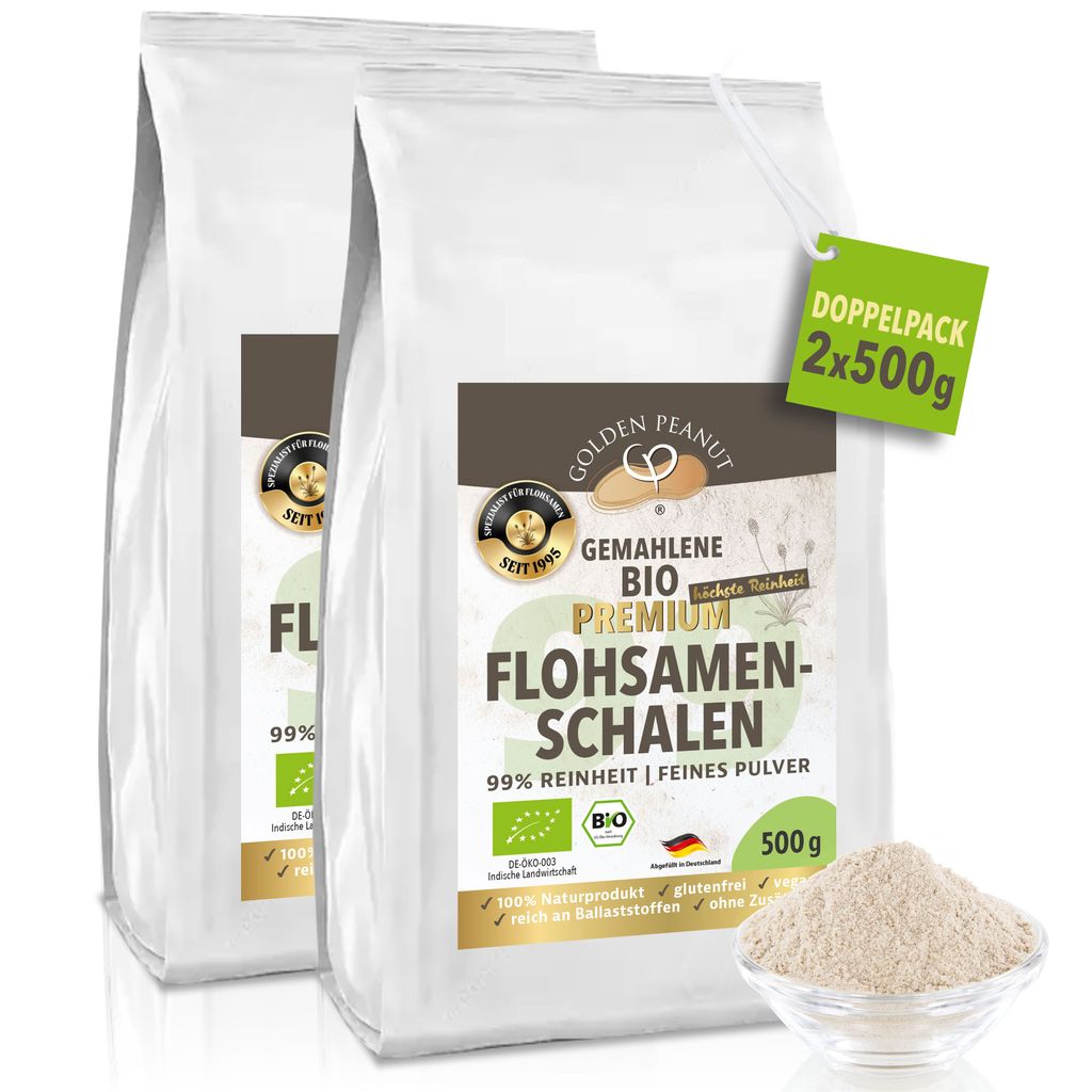 GOLDEN PEANUT Flohsamenschalen Pulver BIO 99% 2x 500 g – Premium Psyllium Pulver, fein gemahlen ohne Zusätze, glutenfreie Backzutat
