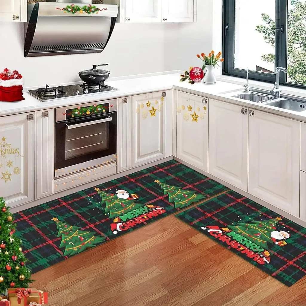 Set 2 Tappetini Cucina Natalizi Neri Fiocchi di Neve Antiscivolo Lavabili