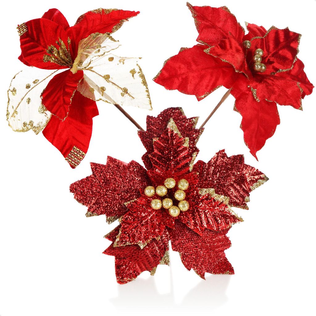 com-four 3x Weihnachtsstern Deko-Gesteck, Kunstblumen als tolle Weihnachtsdekoration, schöner Raumschmuck, auch für Kränze und Blumenarrangeme...