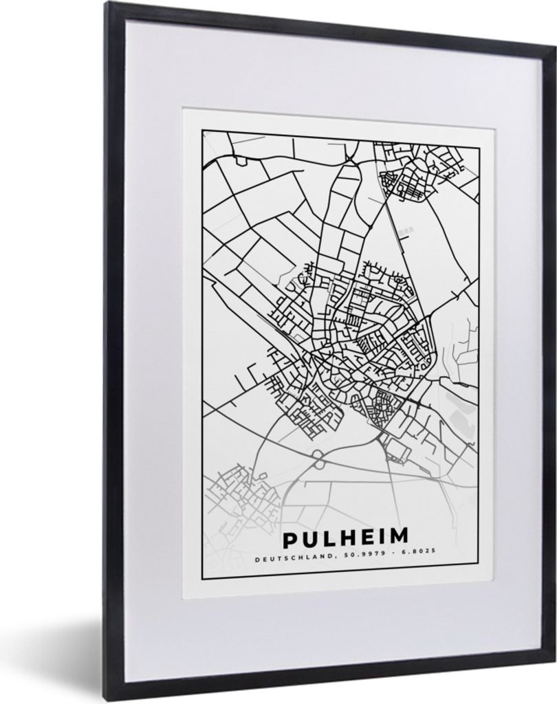 MuchoWow Gerahmtes Poster Karte - Pulheim - Stadtplan - Karte 30x40 cm - Poster mit Schwarzem Bilderrahmen Wandposter Rahmen Foto Bilder - Wandpo...