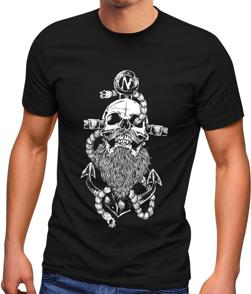 Neverless Herren T-Shirt Anker Skull Beard Totenkopf mit Bart Tau Seemann Fashion Streetstyle schwarz M