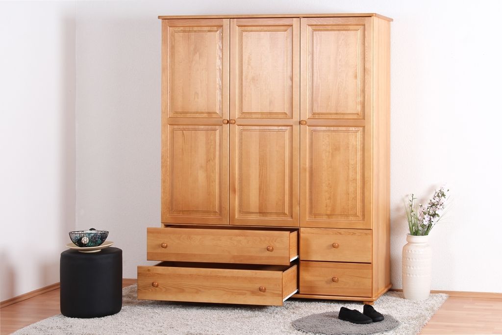 Schlafzimmer - Kleiderschrank, Kiefer Massivholz Erlefarben - Abmessungen: 195 x 154 x 60 cm (H x B x T)