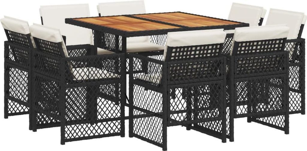 9-tlg. Garten-Essgruppe mit Kissen Schwarz Poly Rattan