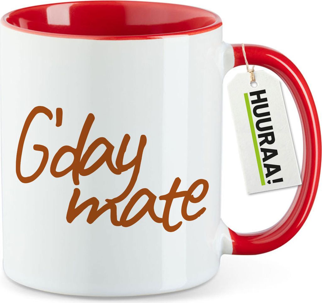 Huuraa Kaffeetasse G`day mate Spruch 330ml Rot Keramik Kaffeebecher Geschenkidee