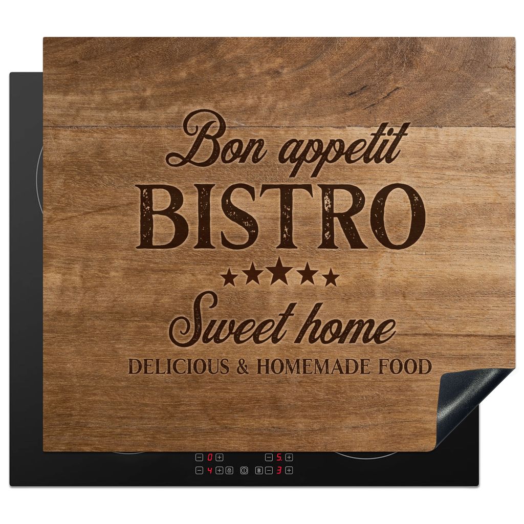KitchenYeah Herdabdeckplatte Zitat - Bistro - Holzstruktur , 57x51cm, Küche Deko, Glaskeramikkochfeld Herdabdeckung, Abdeckplatte fùr Kochfeld