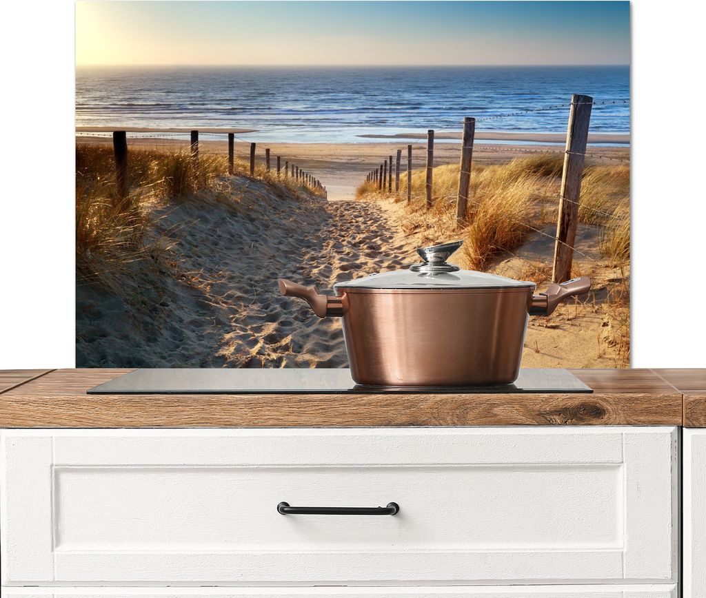 KitchenYeah Spritzschutz Küche - Küchenrückwand - Wandschutz für Herd und Spüle - Strand - Meer - Niederlande - Dünen - Sonne 90x60 - Alu-D...