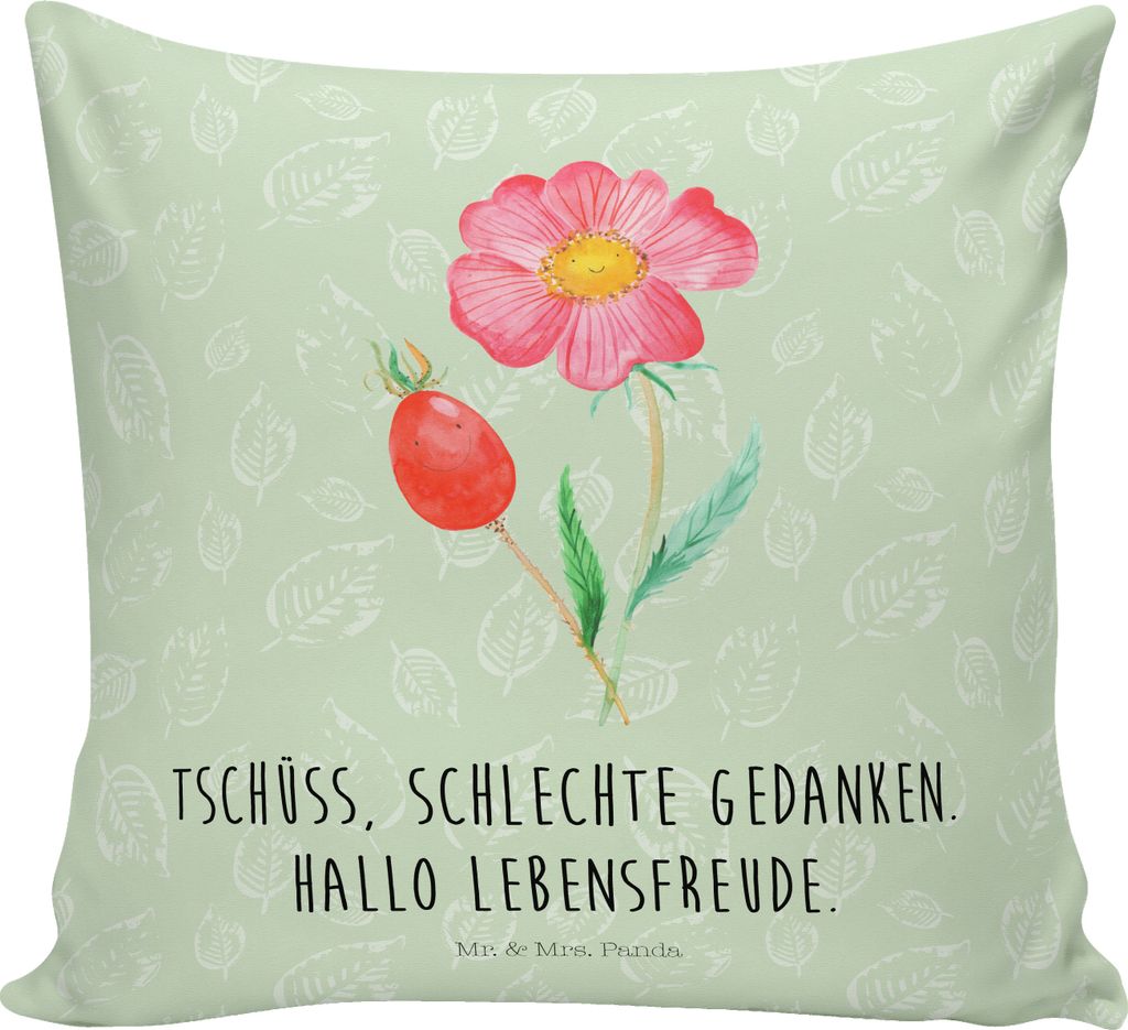 Mr. & Mrs. Panda kuschelkissen 40x40 Blume Hagebutte - Blattgrün - Geschenk, kissen bedruckt, Schlechte Gedanken, Polster, Sofa, Blumen, Lebensfre...