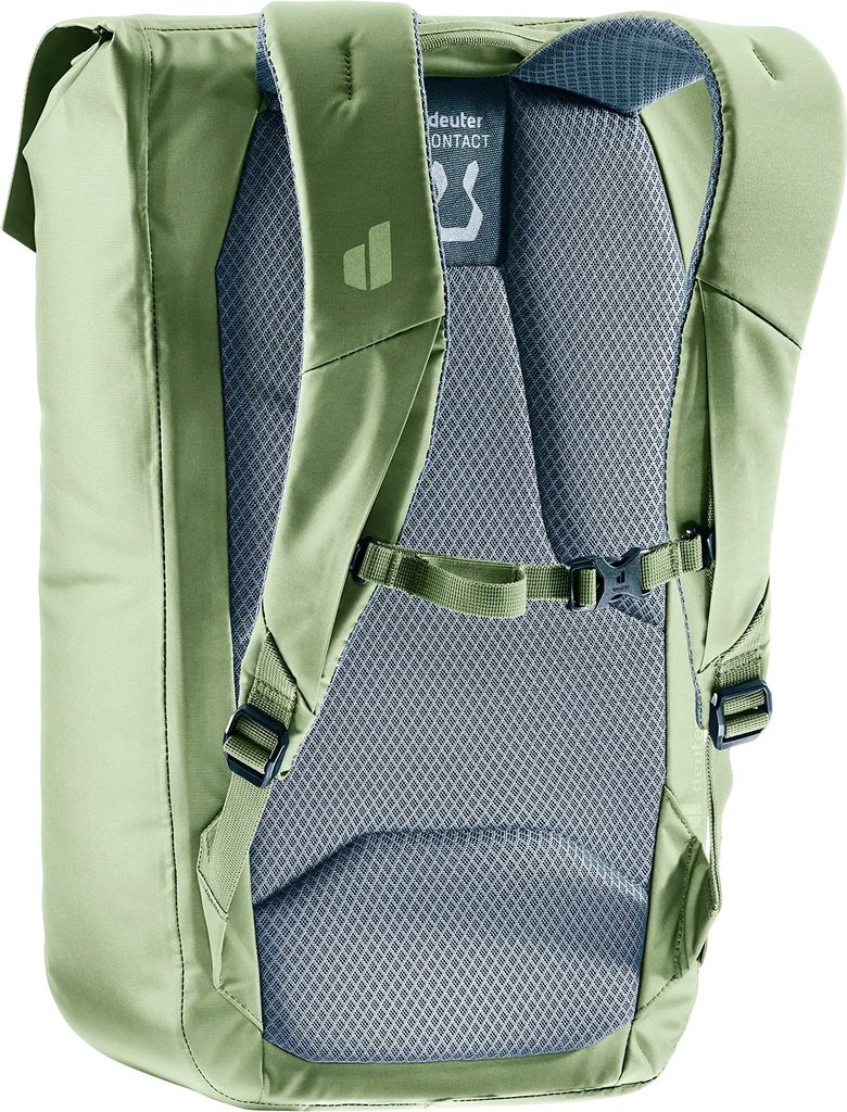 The back of a green Deuter backpack is shown against a white background.