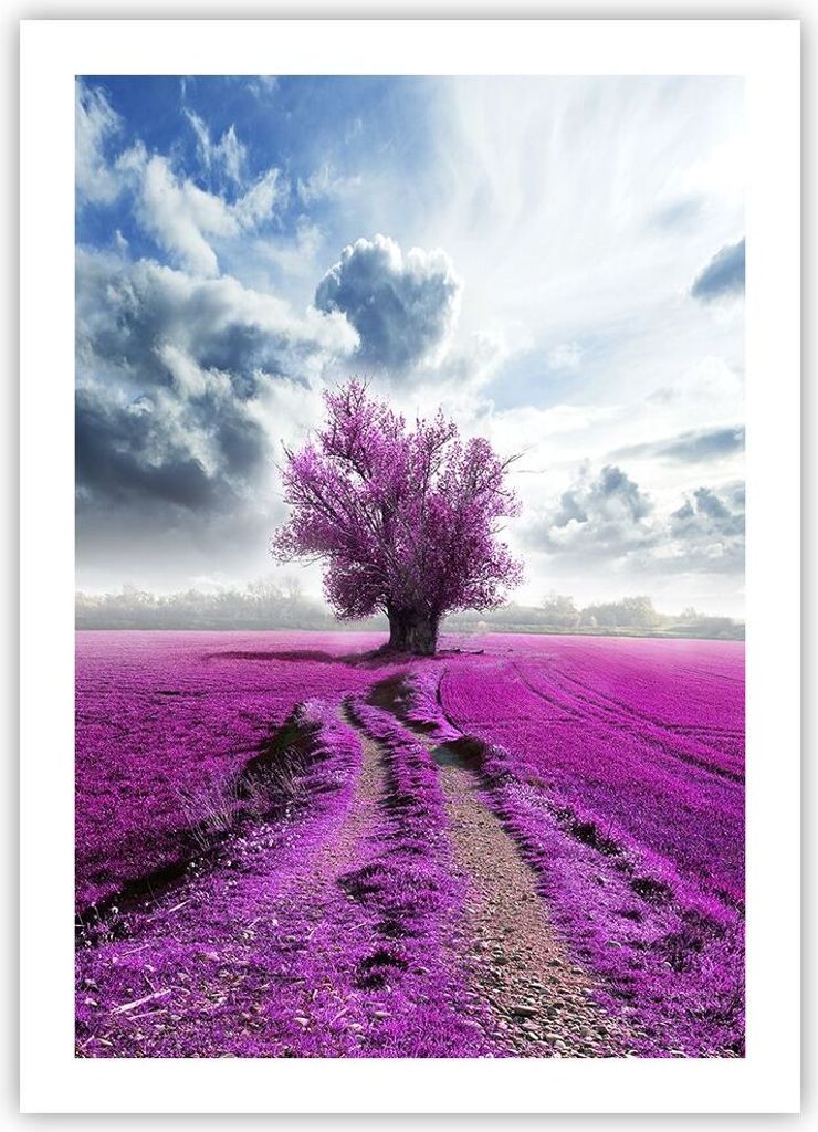 Poster - Poster ohne Rahmen - Heidefeld Baum Wolken Landschaft - 50x70 cm - Wand Bild - Wanddeko - Wandbilder - Kunstposter - Wandposter - Bilder -...
