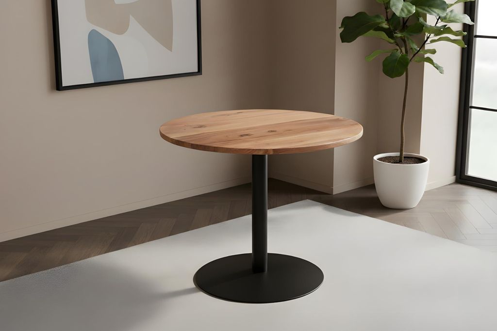 Bistrotisch Emilio | Ø 80 cm Rund | Akazienholz massiv | Farbe: Natur | gerade Kante | schwarzes Säulengestell aus Metall runde Base | Säulentis...