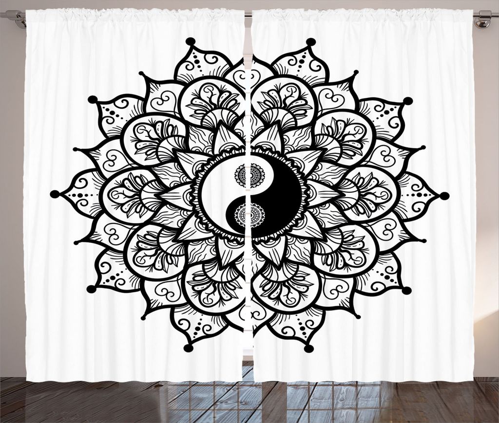 ABAKUHAUS Zen Rustikaler Vorhang, Retro Blumenkunst, Wohnzimmer Universalband Gardinen mit Schlaufen und Haken, 280 x 225 cm, Schwarz Weiss