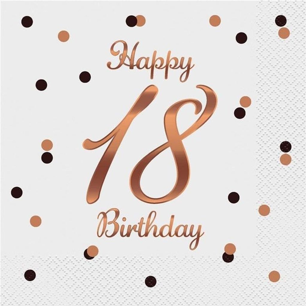 Happy 18 Birthday Servietten weiß, roségold 33cm, 20 St. Produktbild 