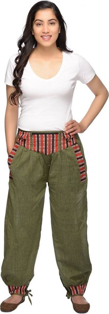 Haremshose Freizeithose Thamel Stoffhose mit breitem gewebtem Bund für Damen, grün S/M