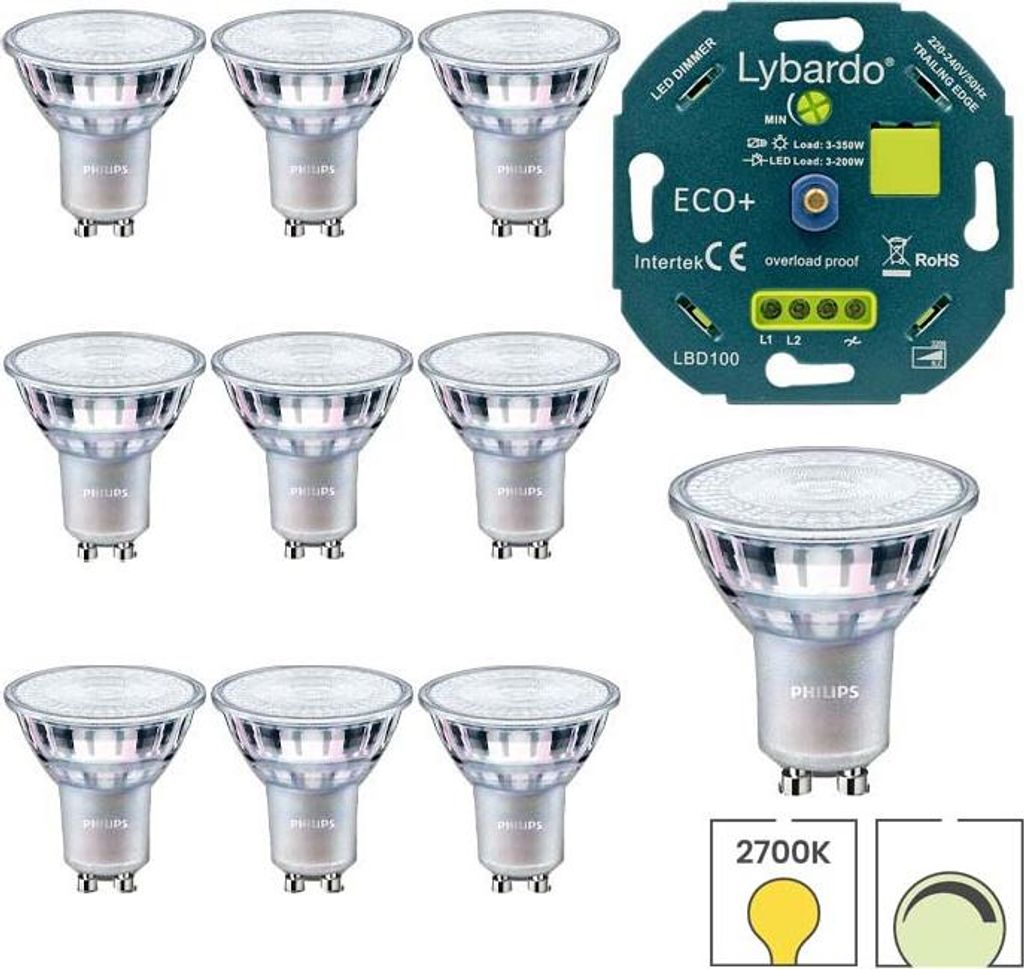 10er-Set Philips CorePro LED-Spots GU10 + Lybardo LED eco+ Dimmer 3-200 Watt | 4 Watt | 2700K warmweiß