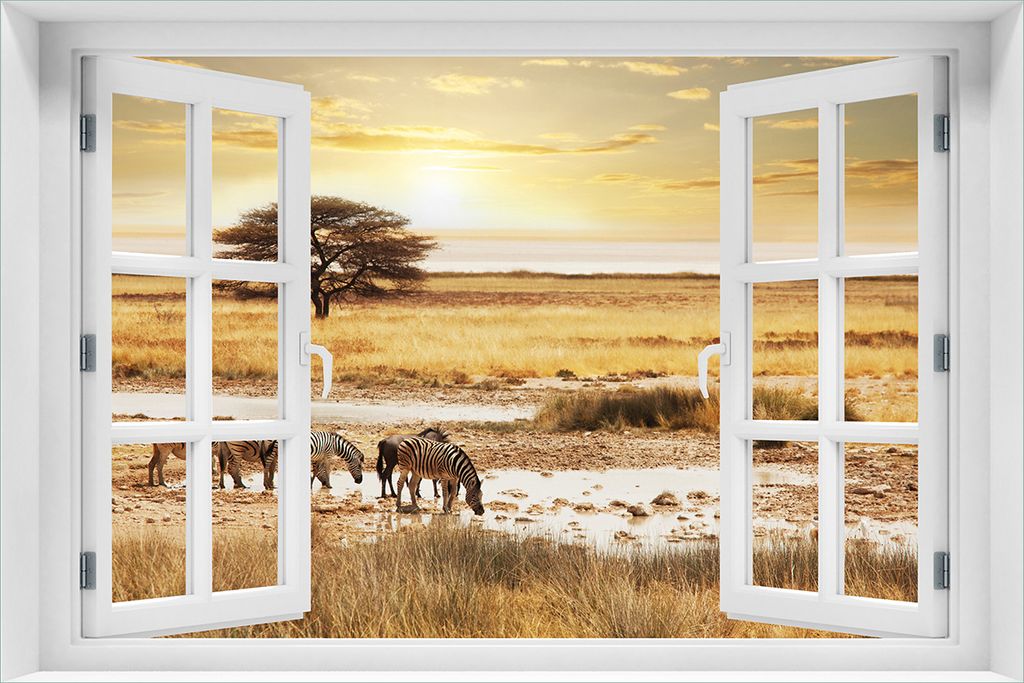 Wallario Poster mit Fenster-Illusion: Safari in Afrika eine Herde Zebras am Wasser, Größe: 61 x 91,5 cm (Maxiposter)