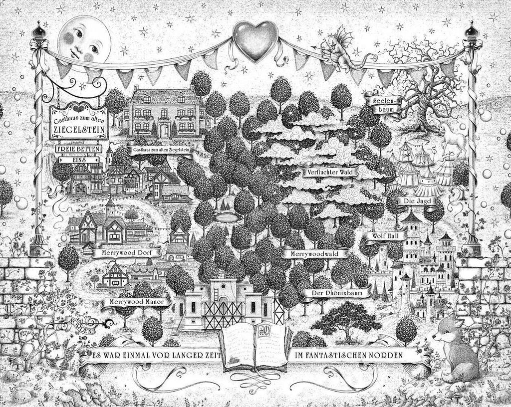 A black and white illustrated map of a fantasy world with various locations labeled.