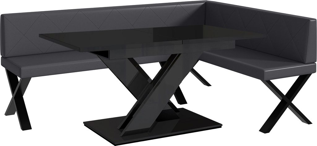 MEBLINI Eckbank für Esszimmer mit ausziehbarem Tisch - Küchenbank - Essecke - Sitzecke Küche - ERIC - X-Beine 142x196x87cm Rechts - Grau Kunstle...