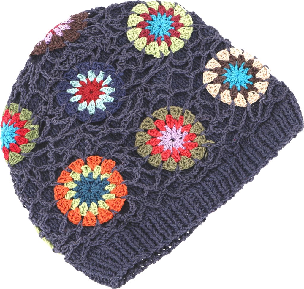 Bunte Beanie, Baumwoll-Häkelmütze Granny Squere - Blau, Uni, Baumwolle, Mützen