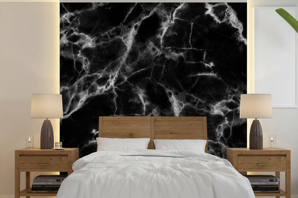 MuchoWow Fototapete für Wohnzimmer oder Schlafzimmer Wandtapete Vinyl Motivtapete Marmor - Schwarz - Weiß - Chic - 220x220 cm - Tapeten