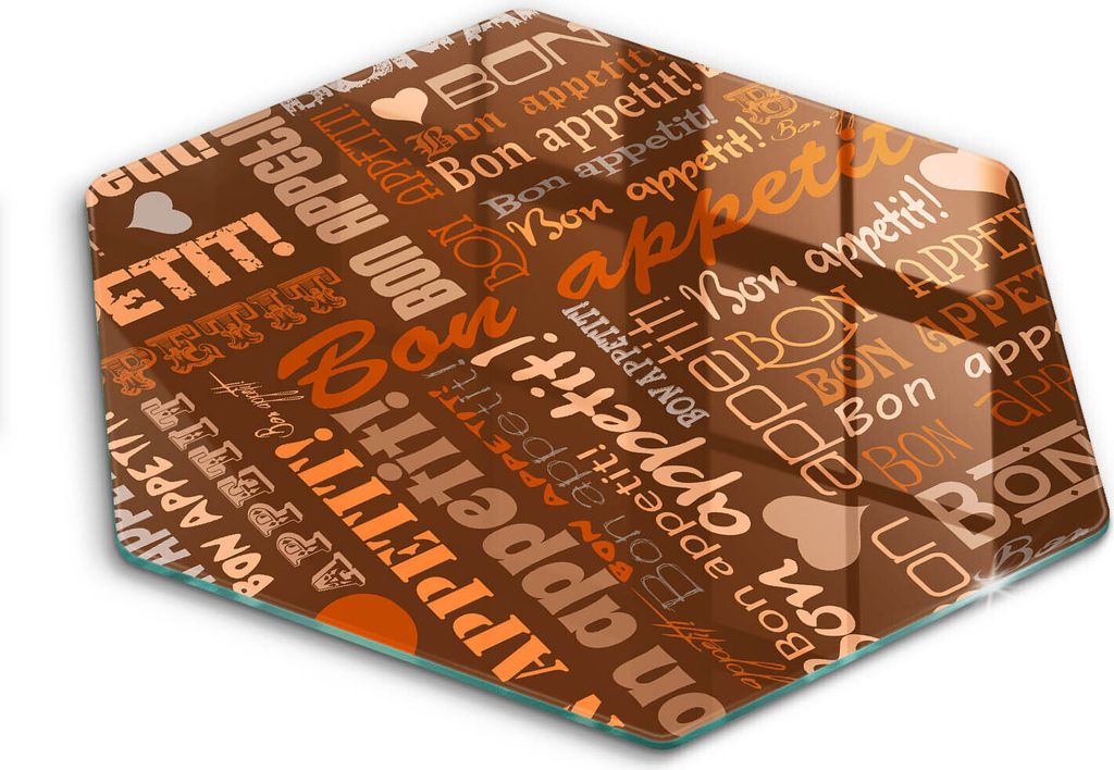 Glasschneideplatte - Herdabdeckplatte - Hexagon 40 cm -Schneidebrett - Spritzschutz - Untertitel Bon Appetit