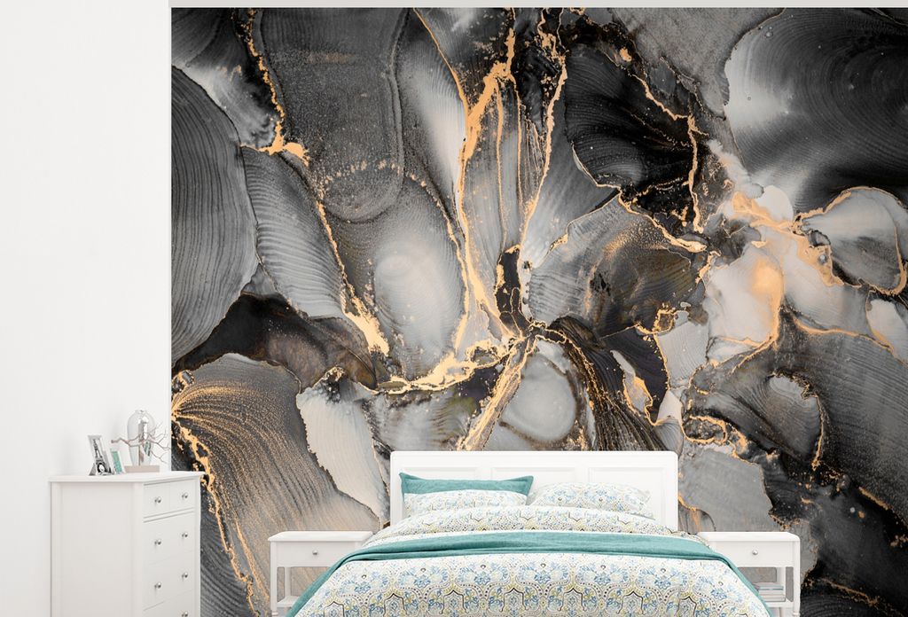 MuchoWow Fototapete für Wohnzimmer oder Schlafzimmer Wandtapete Vinyl Motivtapete Grau - Luxus - Gold - Marmor - 325x260 cm - Tapete
