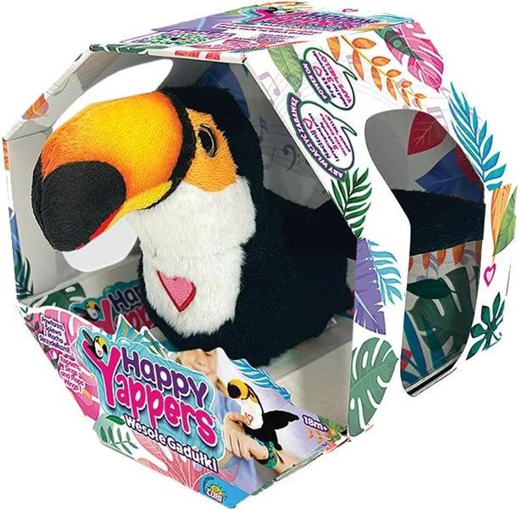A plush toucan toy inside its retail packaging, which is decorated with tropical leaves and product branding.
