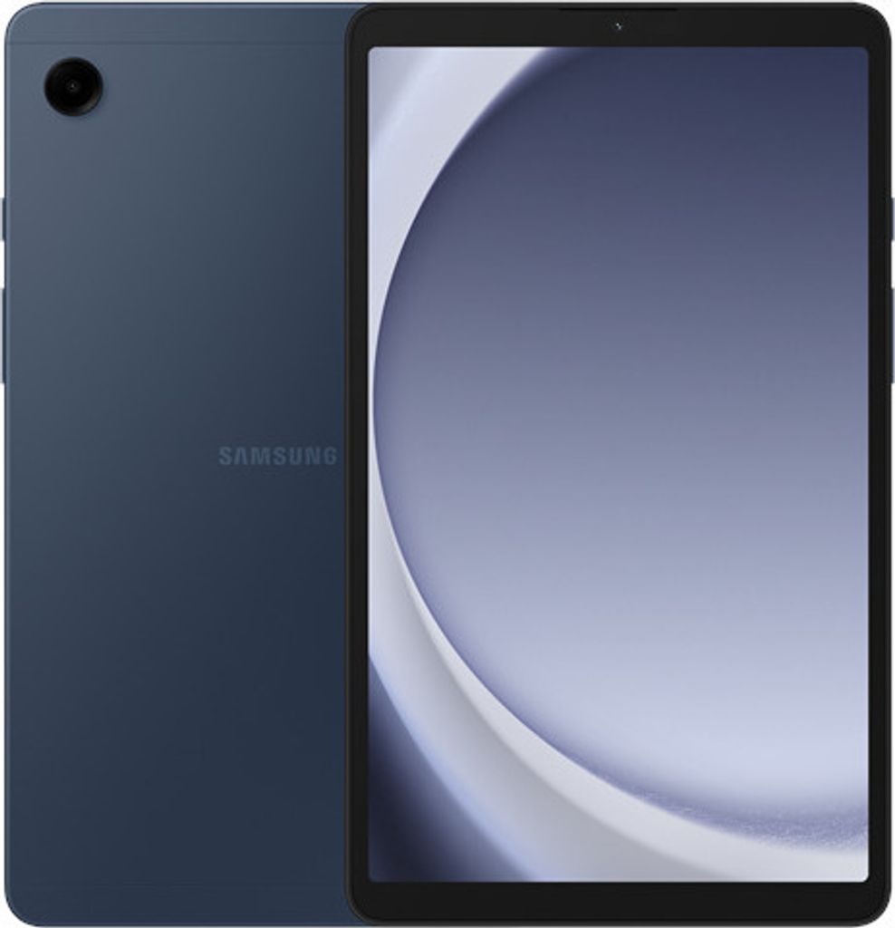 A dark blue Samsung Galaxy Tab A tablet is shown from the front and back.