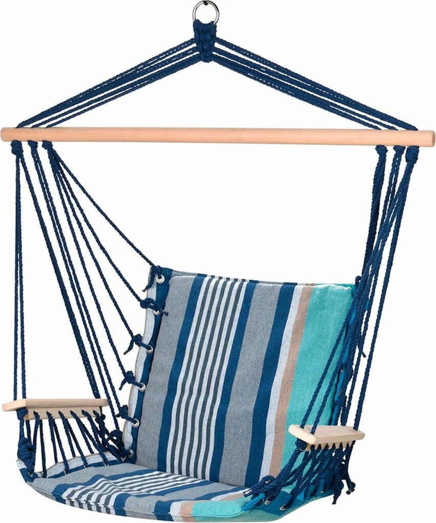 A hanging chair with a striped cushion, suspended from a wooden bar.
