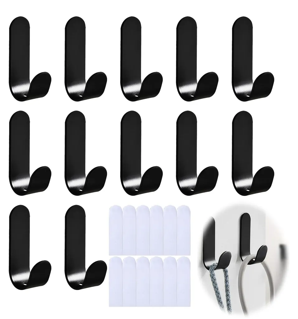 Patères Murales Adhésives en Métal Noir pour Serviettes - Lot de 12