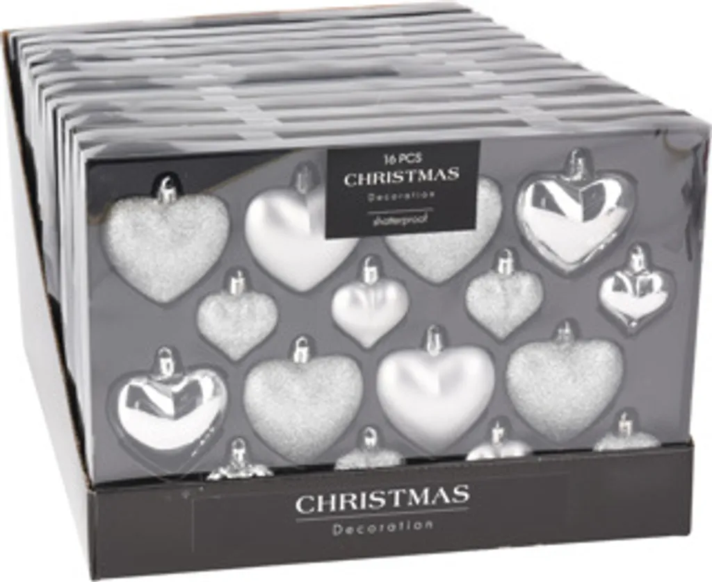Boules de Noël en Forme de Cœur Argentées pour Décoration - 16 pcs