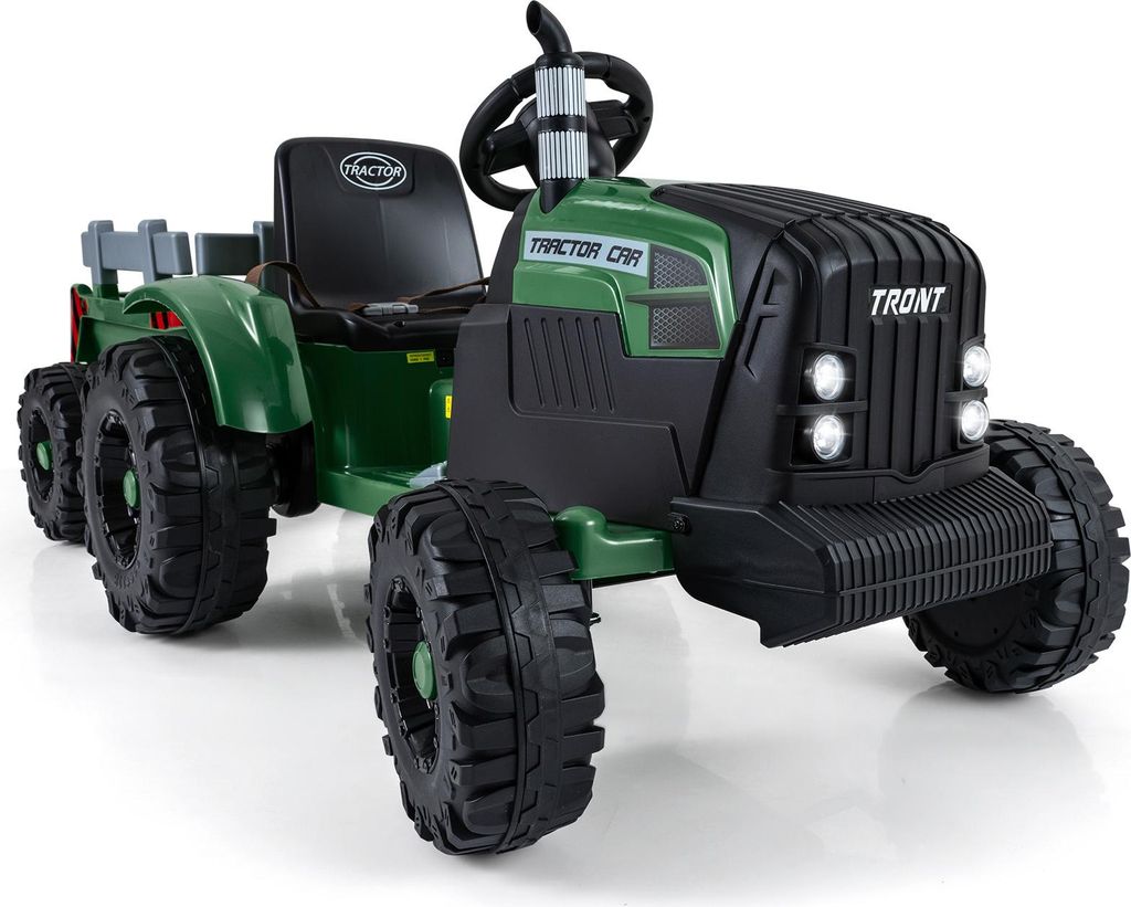 GOPLUS 24V Elektrischer Traktor mit Anhänger, Elektrofahrzeug mit Fernbedienung, LED-Licht, Musik & Bluetooth, Elektroauto für Kinder 3-8 Jahren