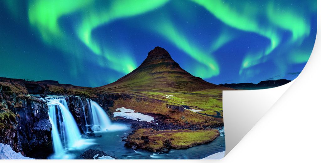 MuchoWow Wandtattoo Wandsticker Wandaufkleber Nordlicht - Sternenhimmel - Island - Berg - Grün - Wasserfall - See 40x20 cm Selbstklebend und Rep...