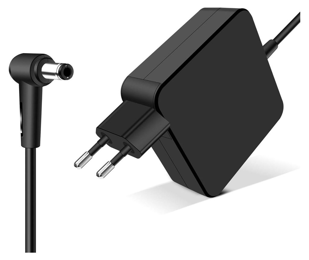A black laptop power adapter and its cable are shown against a white background.