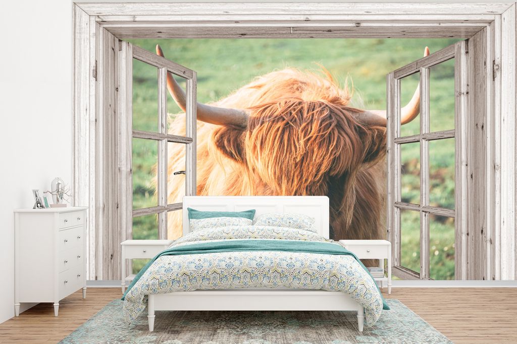 MuchoWow Fototapete für Wohnzimmer oder Schlafzimmer Wandtapete Vinyl Motivtapete Schottischer Highlander - Kuh - Ansicht - 320x240 cm - Tapeten