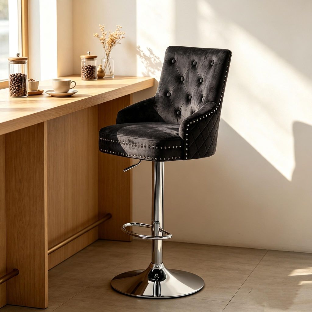 Tabouret de bar FATIVO, velours noir, pivotant, hauteur Image du produit 