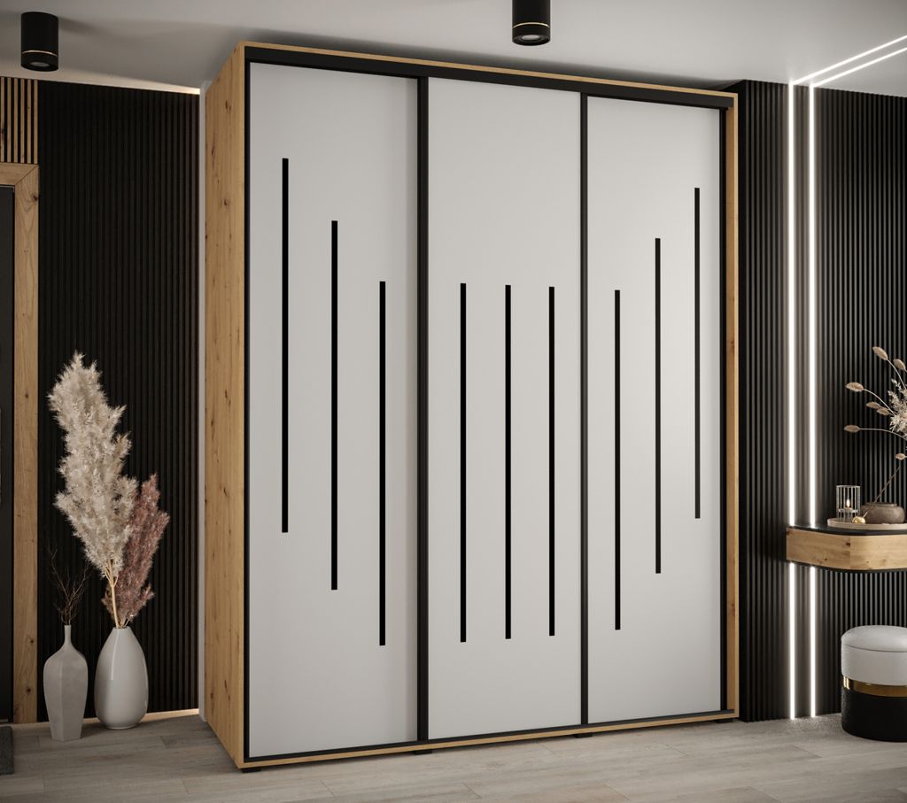 Kleiderschrank YVONA 8 - 190/60 cm, Eiche handwerklich / weiß / schwarz
