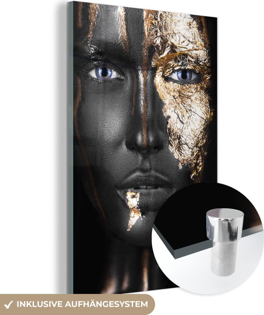 MuchoWow Glasbilder - Bilder auf Wandbild - Foto auf Glas Frau - Blattgold - Schwarz - Gold - Luxus 40x60 cm Wanddekoration aus Glas - Acrylglasbil...