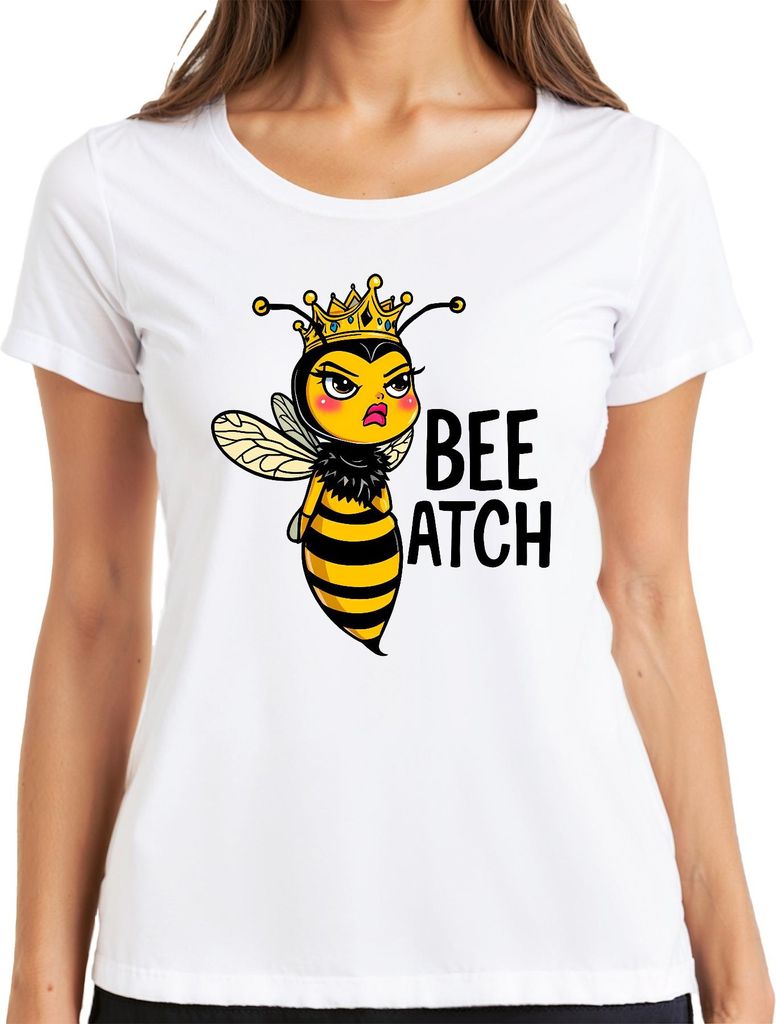 BEE ATCH Bienenkönigin freche Biene mit Krone lustiger Spruch Damen T-Shirt, Weiß, M