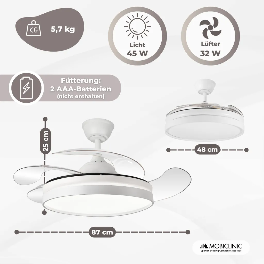 Ventilateur de plafond 6 vitesses Mobiclinic Oasis télécommandé 3 modes LED - 2