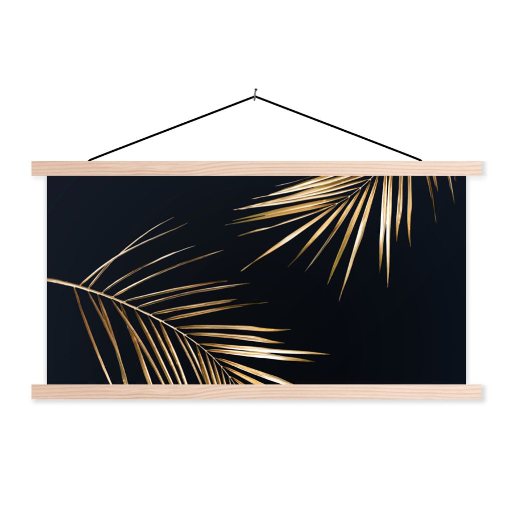 MuchoWow Textilposter Blätter - Pflanzen - Gold - Schwarz - Luxus 120x60 cm mit holzfarbenen Rahmen - Klemmleiste