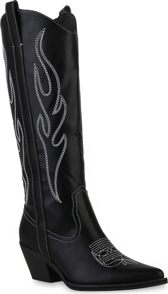 VAN HILL Damen Leicht Gefütterte Cowboystiefel Stiefel Stickereien Schuhe 839870, Farbe: Schwarz Weiß, Größe: 38
