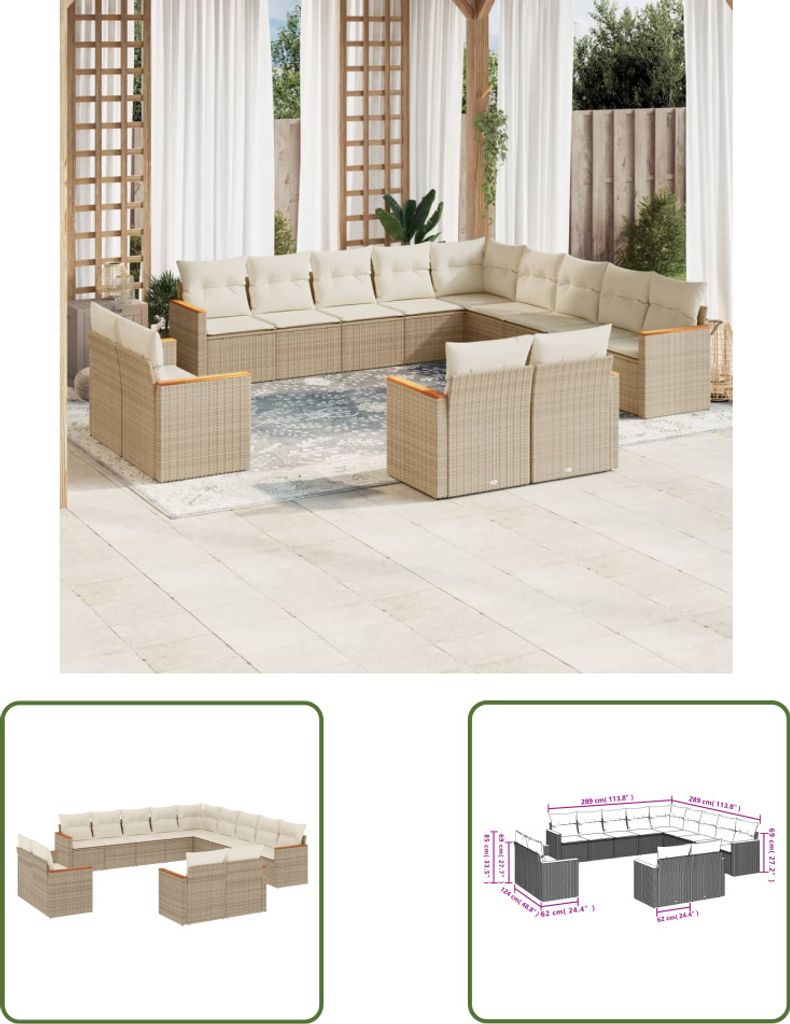 The Living Store 13-tlg. Garten-Sofagarnitur mit Kissen Beige Poly Rattan