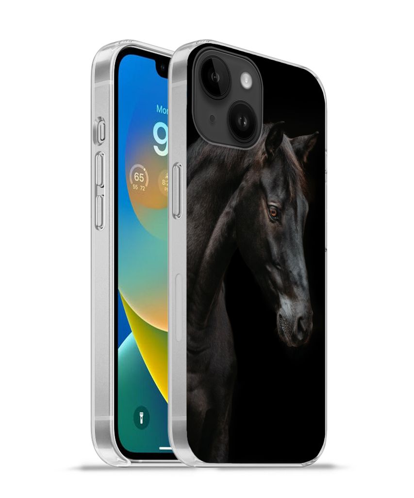 MuchoWow Handyhülle Schutzhülle Hülle für Apple iPhone 14 - Softcase Pferd - Tiere - Schwarz - Porträt Silikon Softcase Handy Hülle - Mobil...