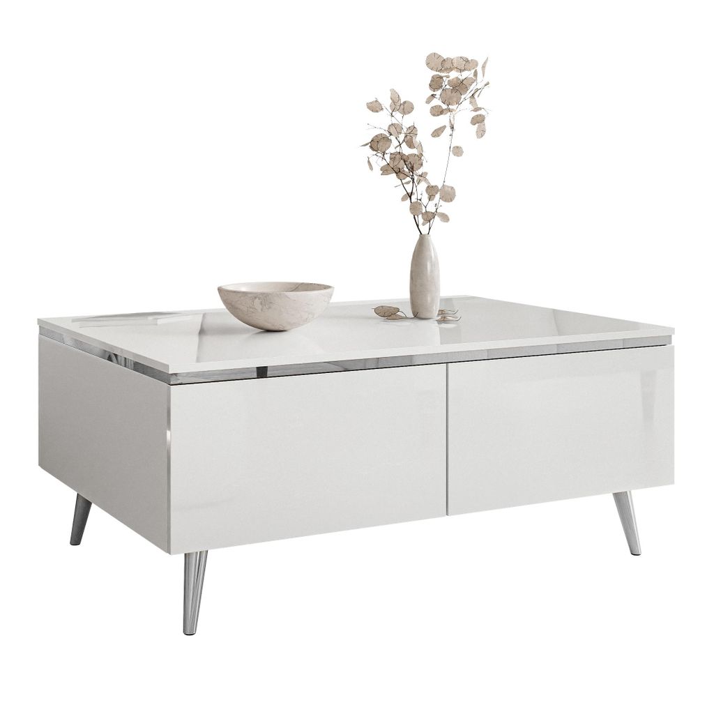 Couchtisch AURORA SILVER mit Stauraum mit schräge silber Chrom Beine