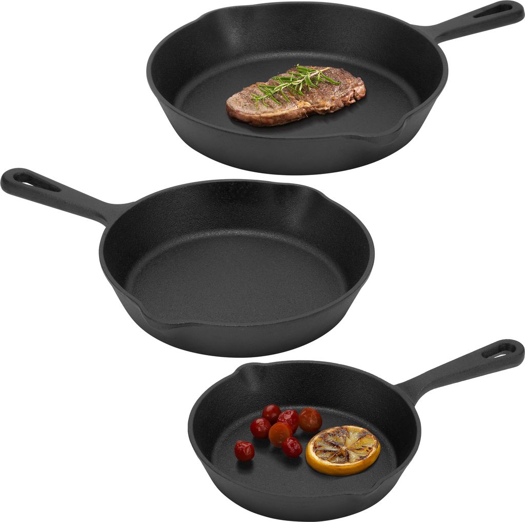 Navaris 3er Set Pfanne Gusseisen - 15/20/25cm Eingebrannte Pfanne Gusseisen Induktion - Cast Iron Pan, Gusspfanne, Grillpfanne Gusseisen, Steakpfanne