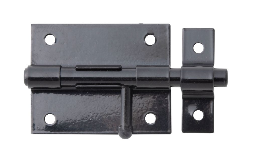 Alberts Bolzenriegel | mit rundem Griff und befestigter Schlaufe | schwarz kunststoffbeschichtet | Platte 70 x 57 mm | Bolzen-Ø 9,5 mm | Gesamtlä...